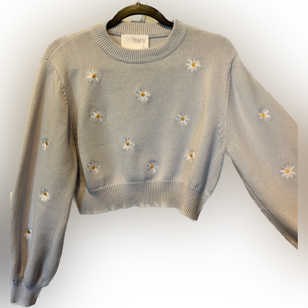 Y2K Daisy embroidered cropped sweatshirt light blue